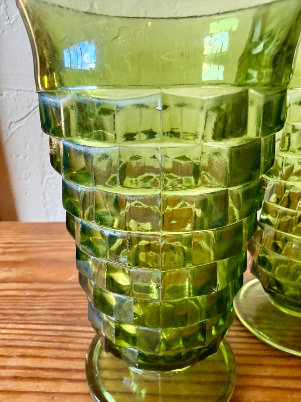Indiana Glass Whitehall Cubist Olive Green Footed Tumblers Set of 4 - Picture 5 of 15